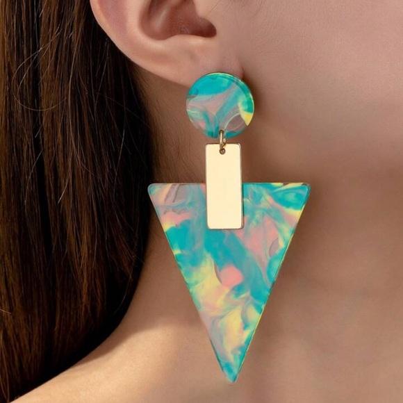 2/$30🌵 Bright Acrylic Triangle Gold Earrings Multicolor Swirl Large Boho NEW - Picture 4 of 12